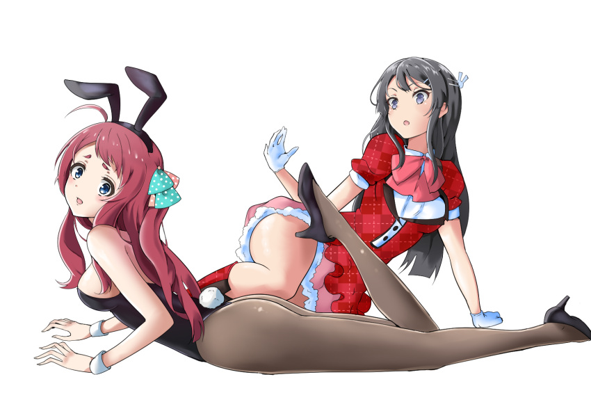 2girls ahoge animal_ears black_eyes black_hair black_leotard blue_eyes bow bowtie breasts bunny_girl bunny_hair_ornament bunny_tail bunnysuit commentary commentary_request cosplay costume_switch crossover detached_collar dress english_commentary eyebrows fake_animal_ears furrowed_eyebrows gloves hair_ornament hairclip high_heels highres idol leg_up leotard long_hair lying minamoto_sakura minamoto_sakura_(cosplay) multiple_girls necktie on_stomach open_mouth oryouohagi pantyhose pink_skirt polka_dot rabbit_ears red_dress redhead sakurajima_mai sakurajima_mai_(cosplay) seishun_buta_yarou skirt strapless strapless_leotard tail thick_eyebrows white_background white_gloves wrist_cuffs zombie_land_saga