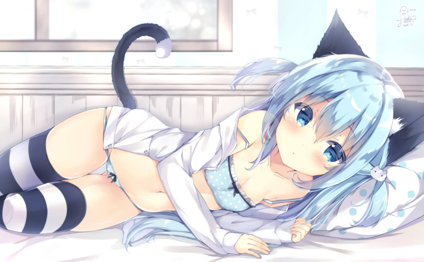 1girl animal_ears bangs bed_sheet blue_bra blue_eyes blue_hair blue_panties bra cat_ears cat_girl cat_hair_ornament cat_tail collarbone commentary_request dress_shirt eyebrows_visible_through_hair fingernails hair_between_eyes hair_ornament hands_up highres long_hair long_sleeves lying navel on_side open_clothes open_shirt original panties pillow polka_dot polka_dot_bra polka_dot_panties saeki_sora shirt sleeves_past_wrists solo striped striped_legwear tail tail_raised thigh-highs two_side_up underwear very_long_hair white_shirt window