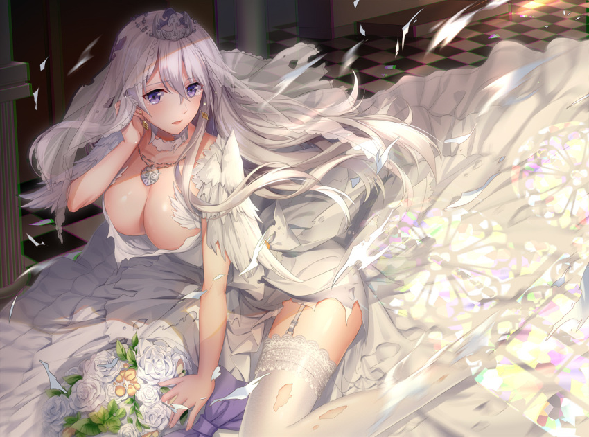 1girl althea_(sakiya0000) azur_lane bouquet breasts bridal_veil checkered checkered_floor cleavage dress earrings enterprise_(azur_lane) flower garter_straps jewelry lace lace-trimmed_thighhighs large_breasts lavender_eyes necklace rose thigh-highs torn_clothes torn_dress veil wedding_dress white_flower white_hair white_legwear white_rose