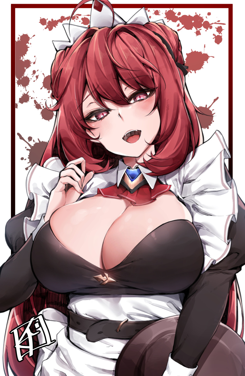 1girl absurdres belt blood blood_splatter breasts chickenvomit cleavage commentary_request highres king's_raid large_breasts long_hair looking_at_viewer maid open_mouth red_eyes redhead solo victorian_maid white_background