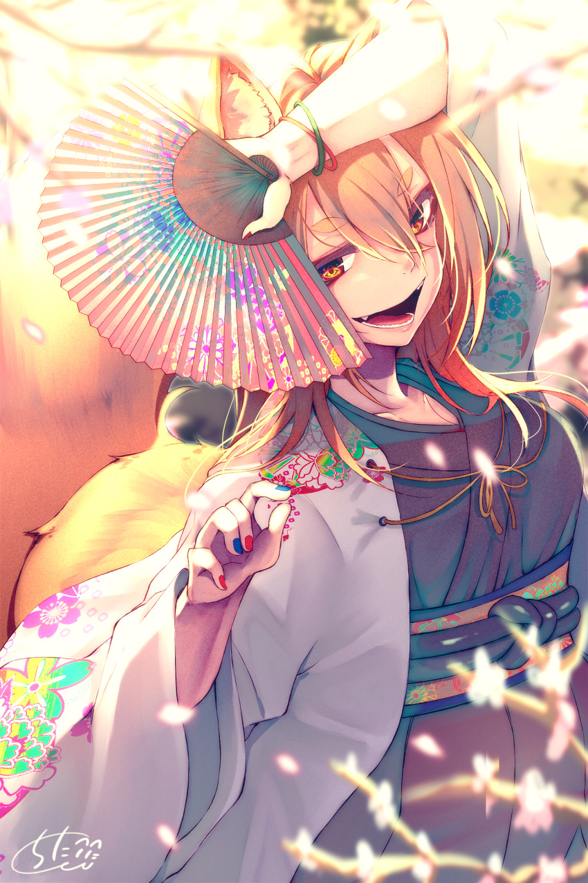 1girl :d animal_ears arm_up bangs black_kimono blue_nails chita_(ketchup) collarbone commentary_request eyebrows_visible_through_hair fan fangs fingernails folding_fan fox_ears fox_girl fox_tail grey_skirt hair_between_eyes hand_up haori highres holding holding_fan japanese_clothes kimono light_brown_hair long_hair long_sleeves looking_at_viewer nail_polish obi open_mouth original pleated_skirt red_eyes red_nails sash short_eyebrows short_kimono signature skirt smile solo tail thick_eyebrows wide_sleeves