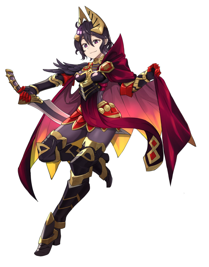 1girl absurdres armor armored_boots black_hair boots breastplate cape closed_mouth commission cosplay ebinku fire_emblem fire_emblem:_kakusei fire_emblem_heroes full_body hair_ornament highres holding holding_sword holding_weapon laegjarn_(fire_emblem_heroes) laegjarn_(fire_emblem_heroes)_(cosplay) leg_up mark_(female)_(fire_emblem) mark_(fire_emblem) nintendo pantyhose short_hair simple_background solo sword violet_eyes weapon white_background