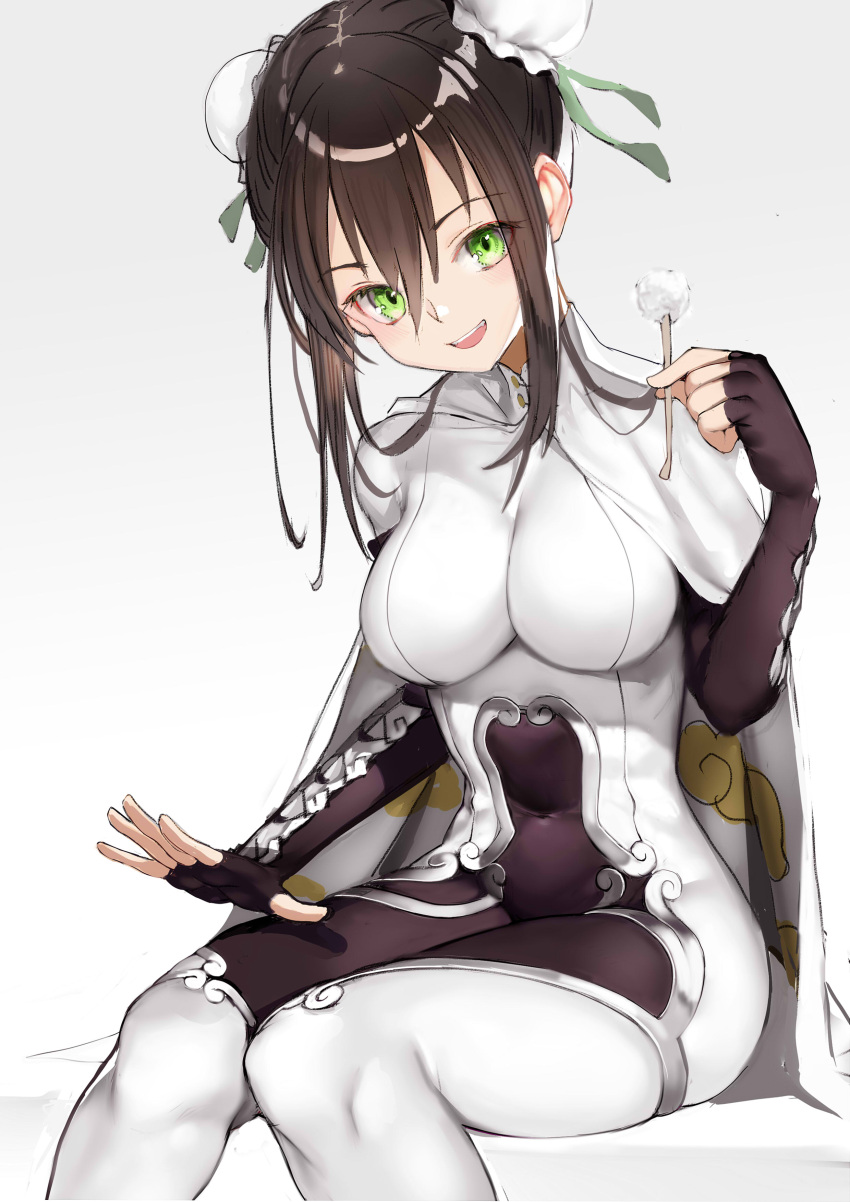 1girl :d absurdres bangs black_hair blush bodysuit breasts brown_bodysuit brown_gloves brown_hair bun_cover chinese_clothes commentary_request covered_navel double_bun elbow_gloves eyebrows_visible_through_hair fate/grand_order fate_(series) fingerless_gloves gloves gradient gradient_background green_eyes grey_background hair_between_eyes head_tilt highres lap_pillow_invitation long_hair looking_at_viewer medium_breasts mimikaki nyatabe open_mouth qin_liangyu_(fate) side_bun sidelocks smile solo white_background
