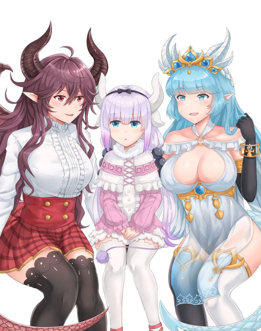 3girls ahoge bangs bare_shoulders beads black_gloves black_hairband black_legwear blue_eyes blue_hair blunt_bangs breasts calligraphy_brush_(medium) capelet center_frills cleavage cleavage_cutout collared_dress covered_navel crossover crown dragon_girl dragon_horns dragon_tail dragon_wings dress elbow_gloves eyebrows_visible_through_hair frilled_capelet frills fur_trim gem gloves gold gradient_hair grea_(shingeki_no_bahamut) hair_beads hair_between_eyes hair_ornament hairband halter_dress hands_together high-waist_skirt highres horns invisible_chair kanna_kamui king's_raid kobayashi-san_chi_no_maidragon laias_(king's_raid) large_breasts lavender_hair long_hair long_sleeves looking_at_another low_twintails mismatched_legwear multicolored_hair multiple_girls o-ring open_mouth pink_dress pointy_ears purple_hair red_skirt ribbed_dress see-through shingeki_no_bahamut shirt simple_background sitting skirt smile springveiv sweater sweater_dress tail thigh-highs trait_connection twintails underbust very_long_hair violet_eyes white_background white_dress white_hair white_legwear white_shirt white_skirt wings