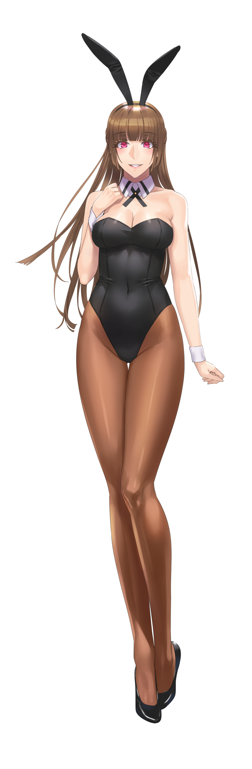 1girl absurdres animal_ears bangs bare_shoulders black_leotard blunt_bangs breasts brown_hair brown_legwear bunny_girl bunnysuit cleavage collarbone covered_navel daglasses detached_collar eyebrows_visible_through_hair eyelashes fake_animal_ears full_body hairband high_heels highleg highleg_leotard highres hips large_breasts legs leotard long_hair looking_at_viewer original pantyhose parted_lips rabbit_ears red_eyes simple_background smile solo standing thighs white_background wrist_cuffs