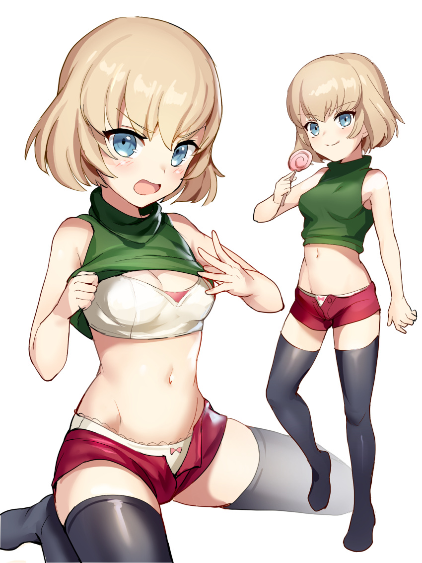 1girl alternate_costume black_legwear blonde_hair blue_eyes blush bra breasts candy cleavage closed_mouth curcumin eyebrows_visible_through_hair food full_body girls_und_panzer highres holding_lollipop katyusha lollipop long_hair medium_breasts midriff navel open_mouth panties red_shorts short_hair shorts simple_background sitting sleeveless smile solo standing tears thigh-highs unbuttoned underwear white_background white_panties