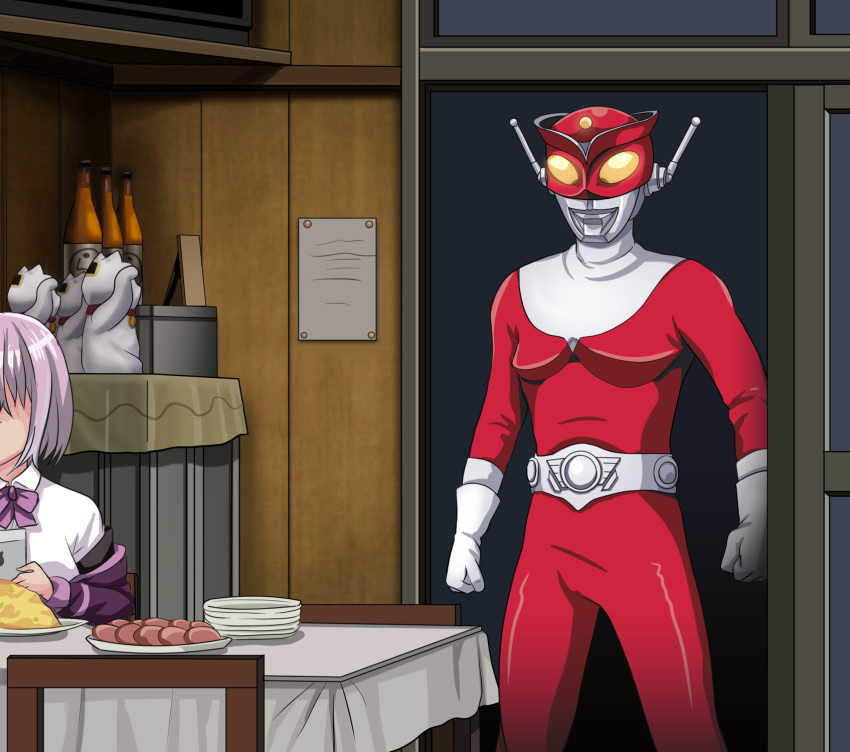 1girl bangs bottle bow bowtie chair collared_shirt commentary_request company_connection crossover food highres indoors jacket lavender_hair maneki-neko off_shoulder out_of_frame plate purple_bow purple_jacket purple_neckwear redman redman_(character) shinjou_akane shirt short_hair sitting ssss.gridman table tk8d32 tsuburaya_productions white_shirt