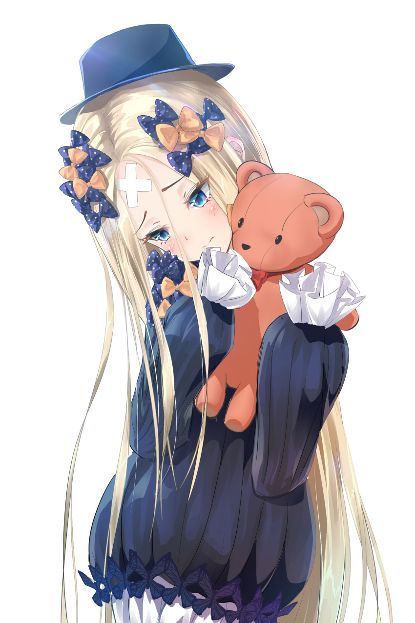 1girl abigail_williams_(fate/grand_order) bangs black_bow black_dress black_hat blonde_hair bloomers blue_eyes blush bow closed_mouth dress fate/grand_order fate_(series) forehead hair_bow hat highres holding holding_stuffed_animal long_hair long_sleeves looking_down orange_bow parted_bangs polka_dot polka_dot_bow ribbed_dress sakazakinchan simple_background sleeves_past_fingers sleeves_past_wrists solo stuffed_animal stuffed_toy teddy_bear underwear white_background white_bloomers