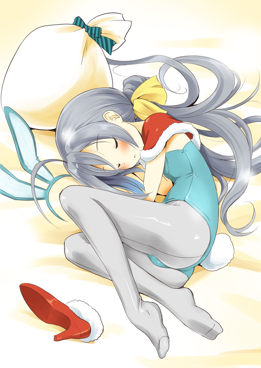 1girl absurdres animal_ears blue_leotard bow bowtie bunny_tail bunnysuit capelet closed_eyes commentary_request detached_collar fetal_position full_body grey_eyes grey_hair grey_legwear hair_between_eyes high_heels highres kantai_collection kiyoshimo_(kantai_collection) leotard long_hair low_twintails lying on_side pantyhose rabbit_ears red_footwear sack shoes shoes_removed single_shoe sleeping solo strapless strapless_leotard tail taisinkoku twintails very_long_hair wrist_cuffs