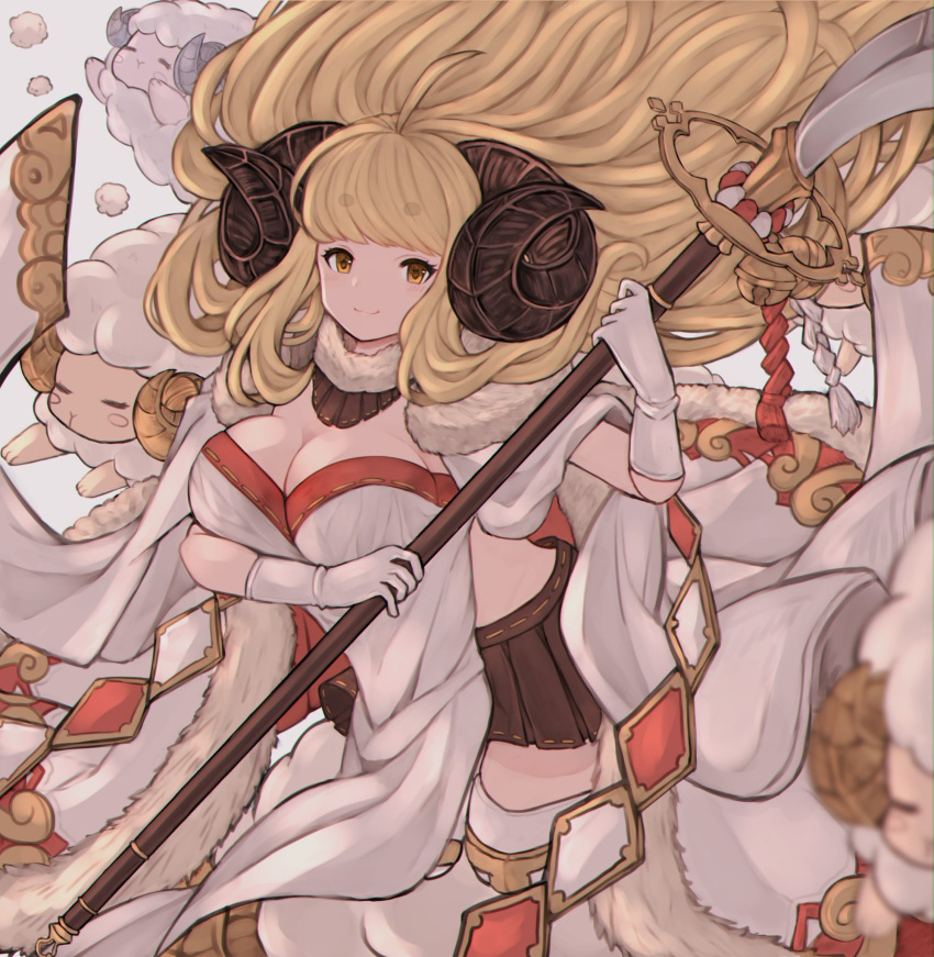 1girl anila_(granblue_fantasy) bangs blonde_hair blunt_bangs breasts brown_skirt cleavage closed_mouth draph eyebrows_visible_through_hair gloves granblue_fantasy highres holding_lance horns lance large_breasts long_hair looking_at_viewer polearm rice_tea sheep sheep_horns short_eyebrows skirt smile solo thick_eyebrows weapon white_gloves yellow_eyes