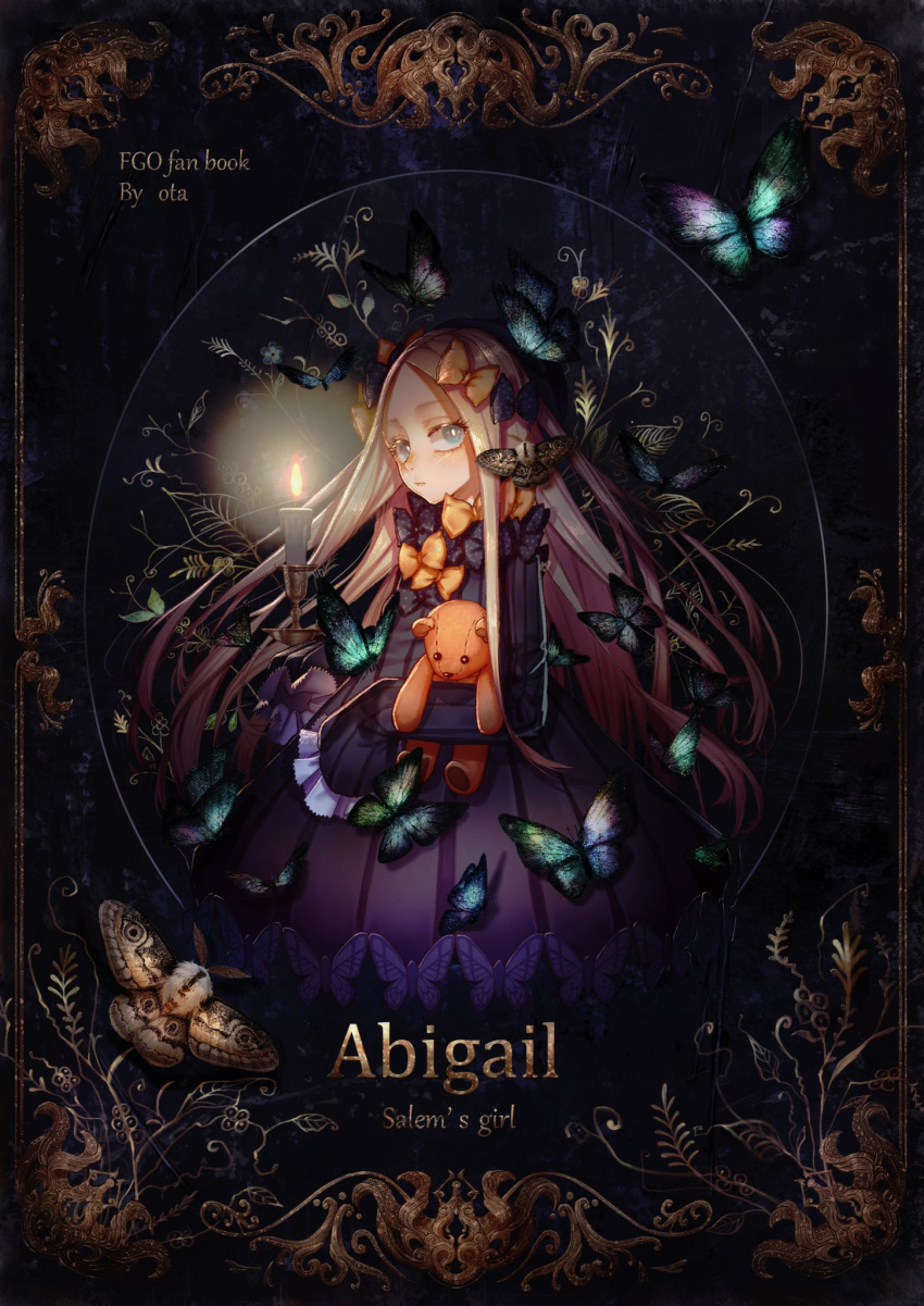 1girl abigail_williams_(fate/grand_order) artist_name bangs black_bow black_dress blonde_hair blue_eyes blush bow bug butterfly candle character_name closed_mouth copyright_name dress fate/grand_order fate_(series) forehead hair_bow highres insect long_hair long_sleeves looking_at_viewer moth multiple_bows multiple_hair_bows no_hat no_headwear object_hug orange_bow ota_(ota-0000) parted_bangs polka_dot polka_dot_bow sleeves_past_fingers sleeves_past_wrists solo stuffed_animal stuffed_toy teddy_bear tentacles very_long_hair
