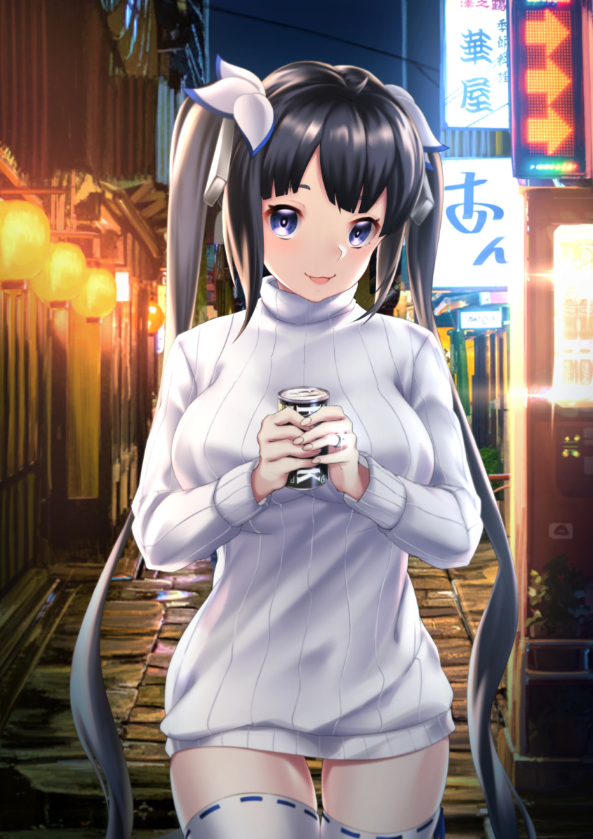 1girl bangs black_hair blue_eyes breasts can canned_coffee casual commentary dating dress dungeon_ni_deai_wo_motomeru_no_wa_machigatteiru_darou_ka english_commentary hair_ribbon hestia_(danmachi) highres jewelry large_breasts long_hair looking_at_viewer night pov rara086 ribbed_sweater ribbon ring solo sweater sweater_dress thigh-highs thigh_gap turtleneck turtleneck_sweater twintails wedding_ring white_legwear white_ribbon white_sweater zettai_ryouiki