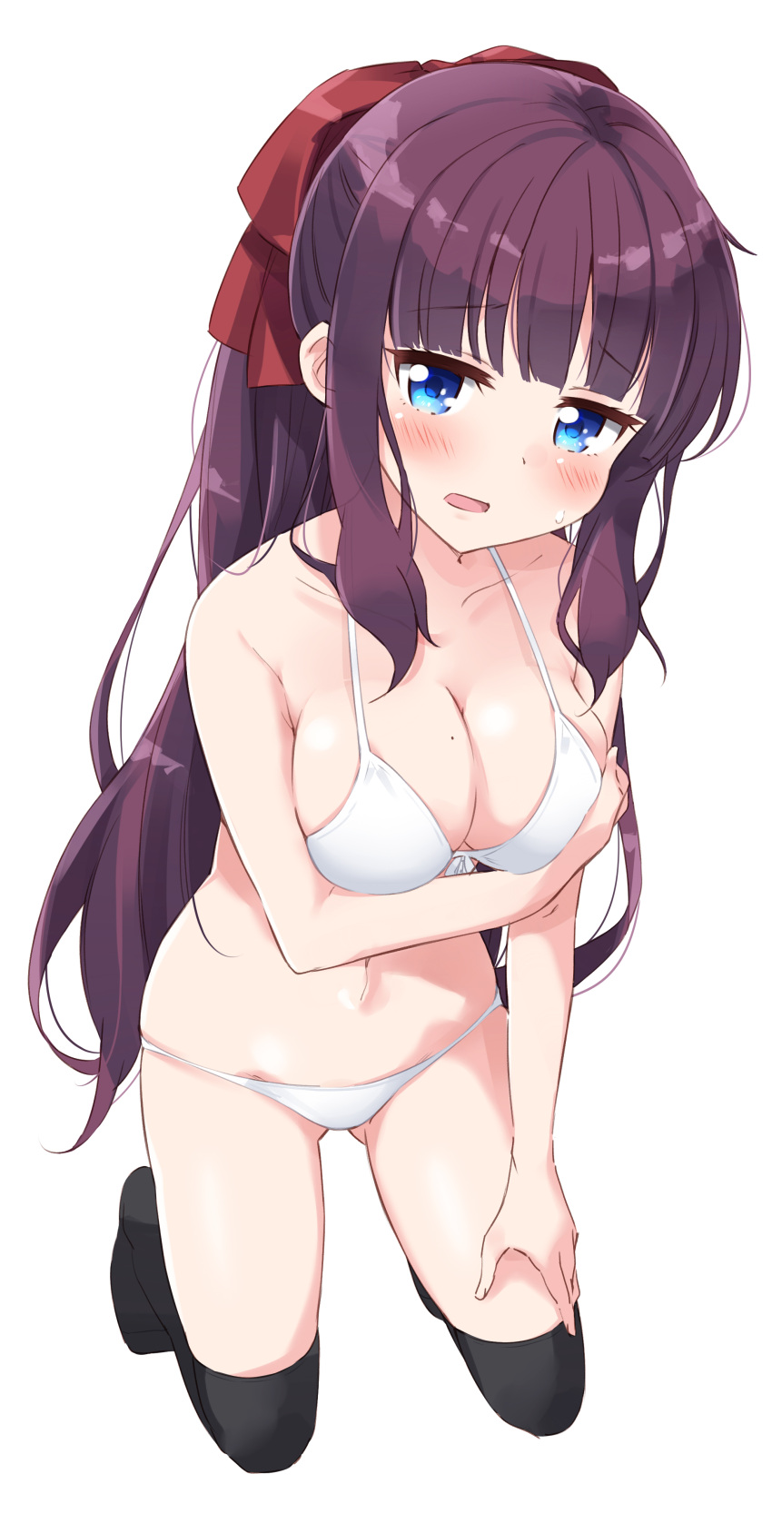 1girl absurdres bangs bare_arms bare_shoulders bikini black_legwear blue_eyes blush bow breasts brown_hair cleavage commentary_request eyebrows_visible_through_hair fingernails front-tie_bikini front-tie_top full_body gluteal_fold hair_bow head_tilt highres kneeling large_breasts long_hair mole mole_on_breast mousou_(mousou_temporary) new_game! no_shoes open_mouth red_bow simple_background solo sweat swimsuit takimoto_hifumi thigh-highs very_long_hair white_background white_bikini