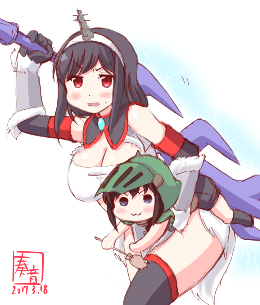 2girls :3 alternate_costume bare_shoulders black_gloves black_hair black_legwear blue_eyes blush breasts carrying cleavage commentary_request cosplay dated elbow_gloves felyne felyne_(cosplay) gloves hair_ornament hairband headgear highres holding kanon_(kurogane_knights) kantai_collection kirin_(armor) large_breasts looking_at_viewer monster_hunter multiple_girls red_eyes revision shigure_(kantai_collection) short_hair signature sweatdrop thigh-highs yamashiro_(kantai_collection)