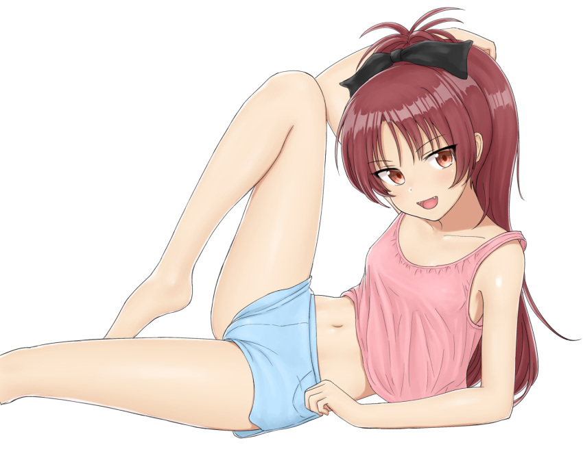 1girl :d arm_up armpit_peek bangs bare_arms bare_shoulders barefoot black_bow blue_shorts blush bow brown_eyes collarbone commentary crop_top elbow_rest eyebrows_visible_through_hair fangs from_side hair_bow highres leg_lift long_hair looking_at_viewer looking_to_the_side mahou_shoujo_madoka_magica midriff navel nyarukac open_mouth ponytail reclining redhead sakura_kyouko shiny shiny_skin short_shorts shorts simple_background sleeveless smile solo tank_top white_background