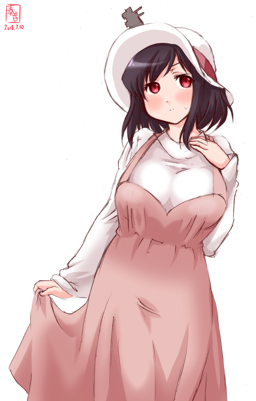 1girl absurdres alternate_costume artist_logo black_hair brown_dress commentary_request cowboy_shot dated dress hair_ornament hand_on_own_chest hat highres kanon_(kurogane_knights) kantai_collection looking_at_viewer red_eyes revision short_hair simple_background solo sweater white_background white_sweater yamashiro_(kantai_collection)