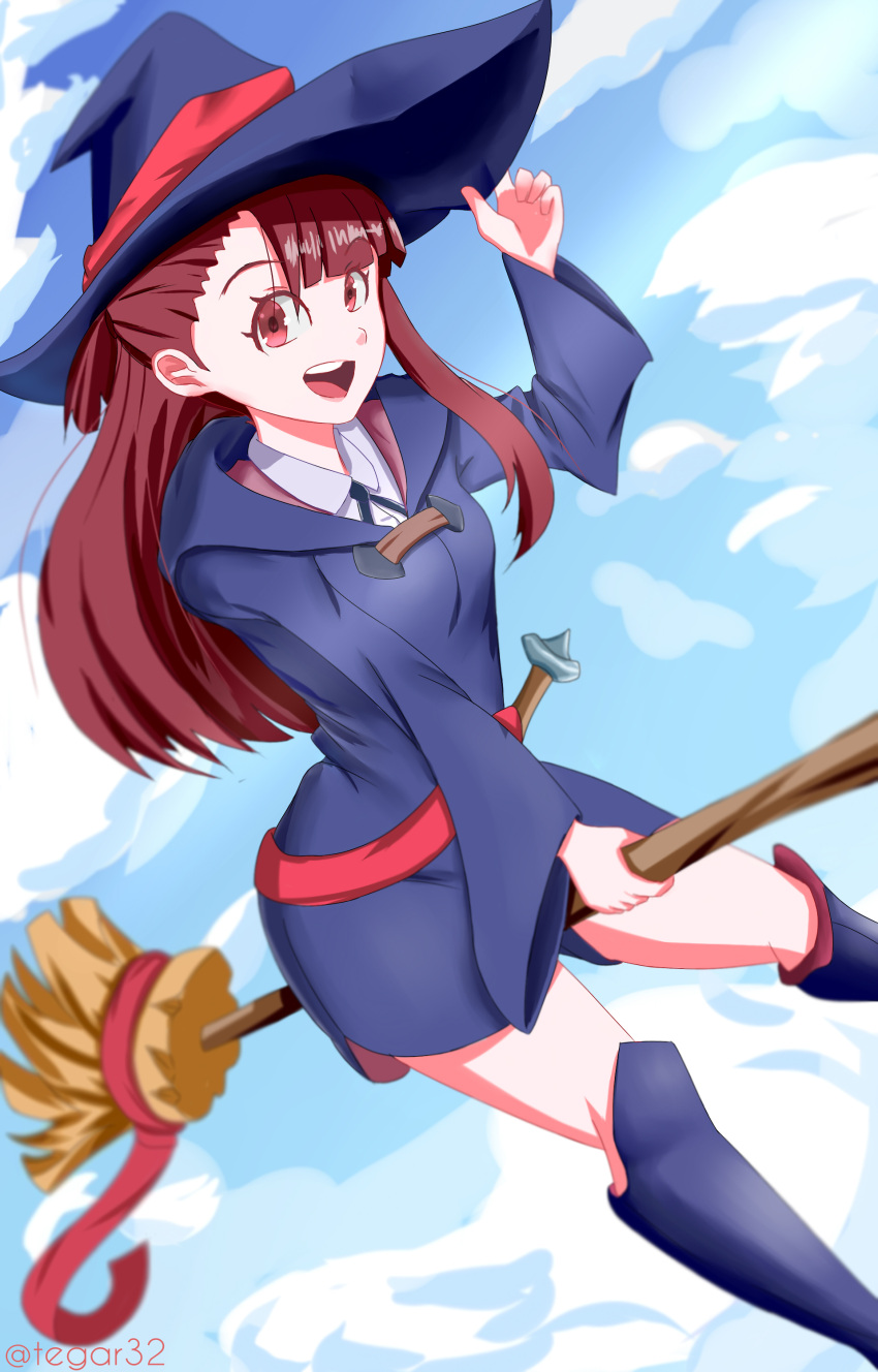 1girl absurdres artist_name boots broom broom_riding brown_hair hand_on_headwear hat highres kagari_atsuko knee_boots little_witch_academia long_hair looking_at_viewer pink_ribbon red_eyes ribbon sky smile tegar32 thighs twitter_username witch witch_hat