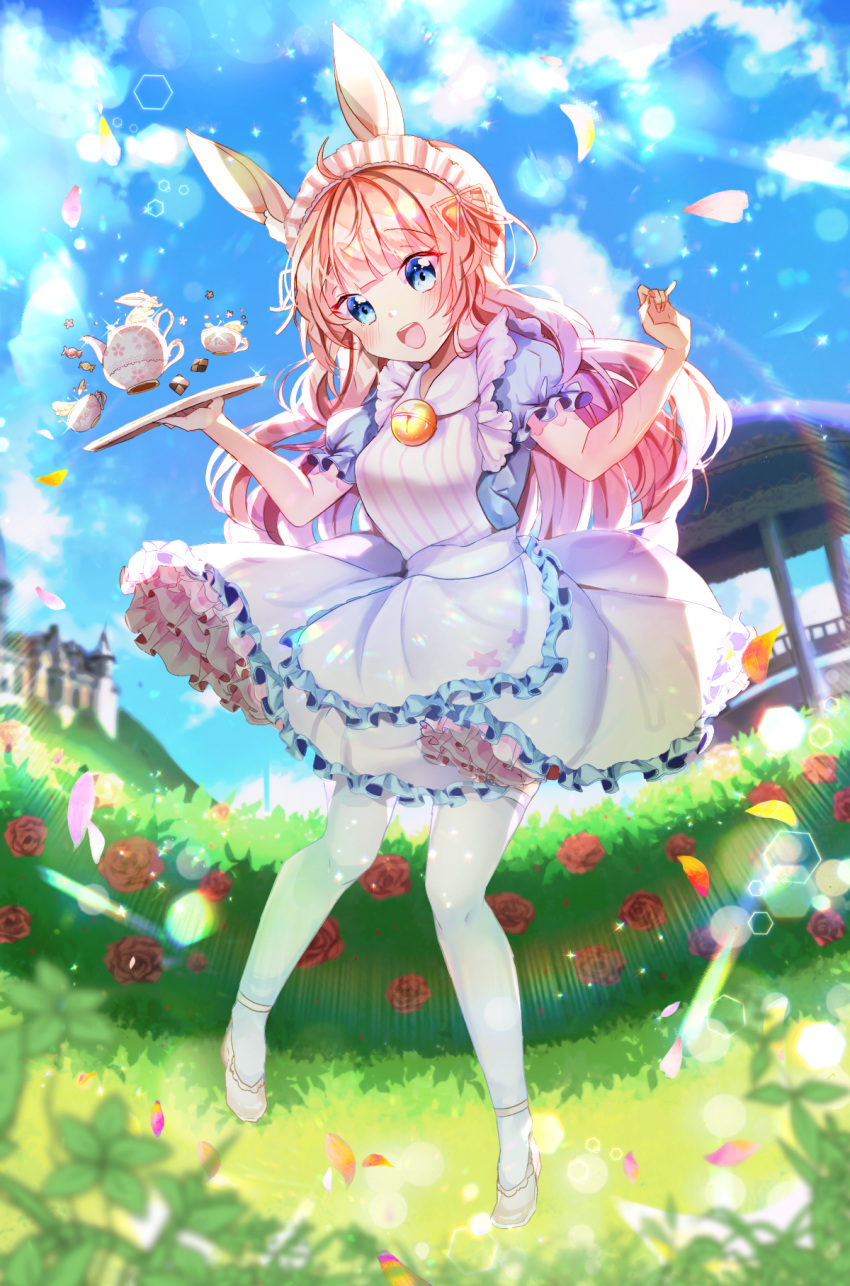 1girl :d animal_ears bangs bell blonde_hair blue_eyes blue_shirt blue_sky blurry blurry_background blurry_foreground blush breasts castle checkerboard_cookie clouds cloudy_sky collared_shirt commentary_request commission cookie cup day depth_of_field eyebrows_visible_through_hair flower food frilled_skirt frills head_tilt highres holding holding_tray jingle_bell long_hair looking_at_viewer medium_breasts miyo_(user_zdsp7735) open_mouth original outdoors pantyhose petals puffy_short_sleeves puffy_sleeves rabbit_ears red_flower red_rose rose rose_bush shirt shoes short_sleeves skirt sky smile solo tea teacup teapot tray upper_teeth very_long_hair white_footwear white_legwear white_skirt