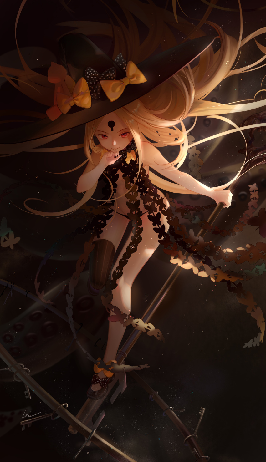 1girl abigail_williams_(fate/grand_order) absurdres bangs bare_shoulders black_bow black_footwear black_hat black_legwear black_panties blonde_hair bow closed_mouth fate/grand_order fate_(series) forehead full_body hat highres hips key keyhole legs leiq long_hair looking_at_viewer navel orange_bow panties parted_bangs polka_dot polka_dot_bow red_eyes ribbed_legwear single_thighhigh smile solo staff stuffed_animal stuffed_toy teddy_bear tentacle thigh-highs thighs underwear very_long_hair witch_hat