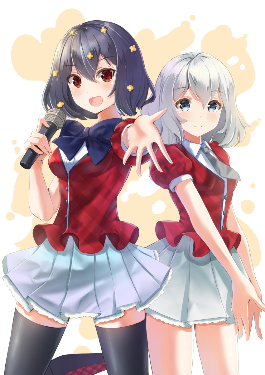 2girls :d absurdres bangs black_footwear black_hair black_legwear blue_eyes blue_neckwear blush boots bow bowtie breasts center_frills closed_mouth commentary_request eyebrows_visible_through_hair frills grey_hair grey_neckwear grey_skirt hair_between_eyes highres holding holding_microphone holmemee jacket knee_boots konno_junko microphone mizuno_ai multiple_girls necktie open_mouth outstretched_arm plaid_jacket pleated_skirt puffy_short_sleeves puffy_sleeves red_eyes red_jacket shirt short_necktie short_sleeves skirt small_breasts smile thigh-highs white_shirt white_skirt zombie_land_saga
