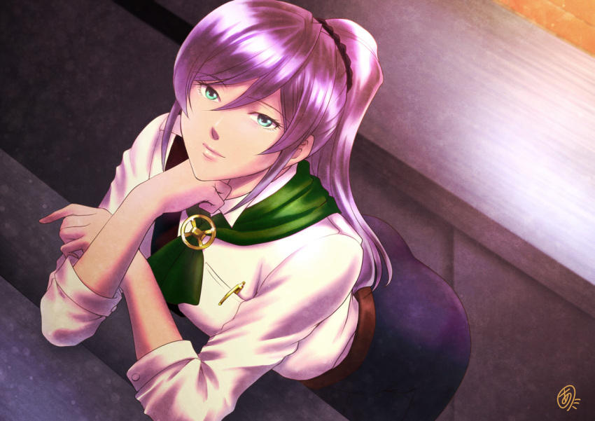 1boy arumacchi black_skirt blue_eyes chin_rest double_decker! green_neckwear indoors leaning_forward long_hair looking_at_viewer looking_up pen pocket ponytail purple_hair shirt sidelocks skirt solo trap valery_vrubel white_shirt