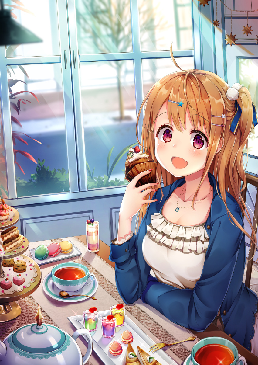1girl :d absurdres ahoge airmisuzu bangs blue_jacket blue_ribbon blurry blush breasts brown_hair cake cat_hair_ornament chair collarbone commentary_request cup cupcake day depth_of_field dress eyebrows_visible_through_hair fang food frilled_dress frills fruit gelatin hair_ornament hair_ribbon hairclip hand_up highres holding holding_food indoors jacket jewelry long_hair long_sleeves macaron milkshake nail_polish necklace one_side_up open_clothes open_jacket open_mouth original plant plate pom_pom_(clothes) red_nails revision ribbon road sidelocks sidewalk sitting slice_of_pie smile solo spoon star star_hair_ornament strawberry table tareme tea teacup teapot tiered_tray tree violet_eyes whipped_cream white_dress window