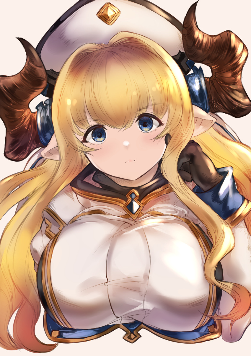 1girl absurdres blonde_hair blue_eyes breasts draph frown granblue_fantasy hat highres horns large_breasts long_hair looking_at_viewer maou_(maoudaisukiya) pointy_ears rastina upper_body very_long_hair