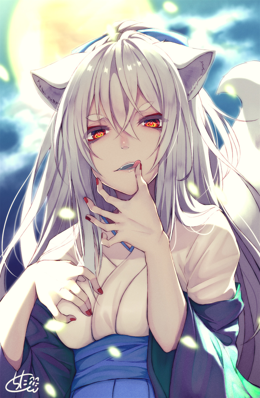 1girl animal_ear_fluff animal_ears bangs blue_bow blue_skirt blurry blurry_background bow breasts chita_(ketchup) commentary_request depth_of_field eyebrows_visible_through_hair fingernails fox_ears fox_girl fox_tail full_moon grey_hair hair_between_eyes hair_bow haori highres japanese_clothes kimono long_hair long_sleeves looking_at_viewer moon nail_polish night night_sky original outdoors parted_lips pleated_skirt red_eyes red_nails short_eyebrows short_kimono signature skirt sky small_breasts solo tail tail_raised thick_eyebrows tongue tongue_out very_long_hair white_kimono wide_sleeves