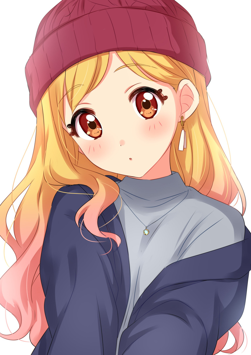 1girl absurdres aikatsu!_(series) aikatsu_stars! beanie blonde_hair blue_jacket blue_shirt brown_eyes earrings eyebrows_visible_through_hair eyelashes gradient_hair hat highres jacket jewelry looking_at_viewer multicolored_hair necklace nijino_yume off_shoulder parted_lips pink_hair red_hat sekina shirt simple_background solo upper_body white_background