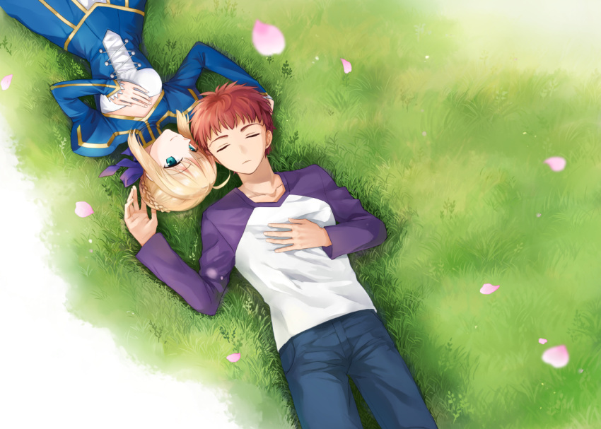 1boy 1girl akanasu artoria_pendragon_(all) blonde_hair blue_dress blue_pants blue_ribbon braided_bun breasts brown_hair cherry_blossoms cleavage_cutout closed_eyes collarbone corset dress emiya_shirou fate/stay_night fate_(series) from_above grass green_eyes hair_ribbon hand_on_own_chest long_sleeves lying on_back pants purple_sleeves ribbon saber shirt short_hair_with_long_locks sidelocks sleeping small_breasts smile