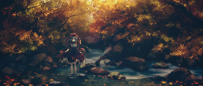 1girl autumn_leaves day dise dress dress_lift forest frilled_ribbon frilled_skirt frills front_ponytail green_eyes green_hair hair_ribbon highres kagiyama_hina leaf looking_down looking_to_the_side maple_leaf nature outdoors puffy_short_sleeves puffy_sleeves red_dress ribbon ripples rock scenery short_sleeves skirt smile solo stream sunlight touhou wading