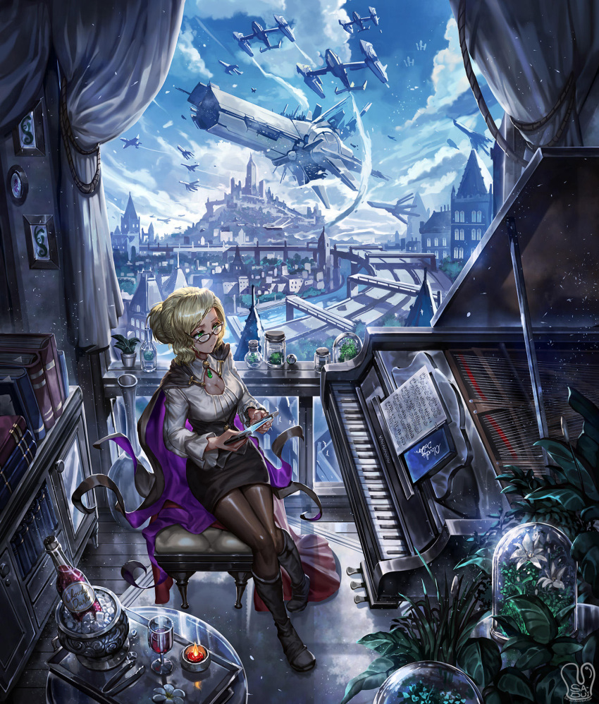 1girl aircraft airship blonde_hair book boots bottle breasts cabinet candle cape city cleavage commentary commission cup curtains drinking_glass flower glasses glynda_goodwitch green_eyes hair_bun highres instrument pantyhose piano river rwby sa-dui sitting solo vase window wine_bottle wine_glass