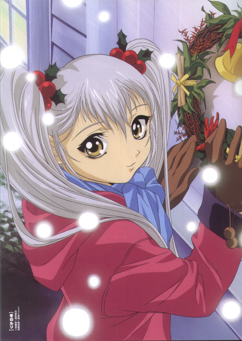 1girl 90s bangs bell brown_gloves bush christmas christmas_wreath closed_mouth coat from_side gloves grey_hair hair_ornament highres holly_hair_ornament hood hood_down hooded_coat hoshino_ruri kidou_senkan_nadesico lavender_scarf long_hair long_sleeves looking_at_viewer looking_to_the_side matsuda_tsuyoshi official_art outdoors pom_pom_(clothes) scan scarf smile snowing solo standing third-party_source twintails upper_body winter winter_clothes winter_coat yellow_eyes