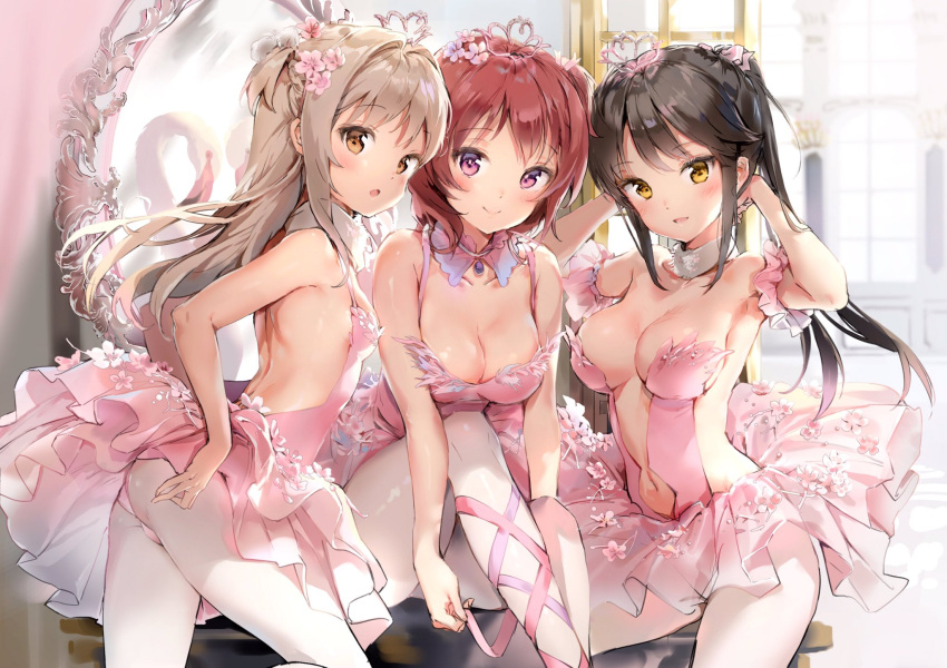 3girls adjusting_clothes adjusting_legwear anmi ass ballerina ballet_slippers bangs bare_shoulders black_hair blush breasts brown_eyes choker cleavage detached_collar detached_sleeves dress flower frilled_sleeves frills hair_flower hair_ornament hair_ribbon highres indoors jewelry large_breasts light_brown_hair long_hair looking_at_viewer medium_breasts mirror multiple_girls navel open_mouth original pantyhose pink_dress pink_flower pink_ribbon redhead ribbon short_hair sidelocks sitting small_breasts smile standing stomach tiara tutu twintails two_side_up violet_eyes wavy_hair white_legwear