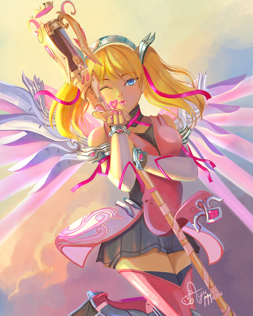 1girl alternate_costume alternate_hairstyle artist_name ayumaou bare_shoulders blonde_hair blue_eyes breasts criss-cross_halter dress eyebrows_visible_through_hair glowing glowing_wings hair_between_eyes hair_ribbon halterneck highres holding holding_staff lips looking_at_viewer mechanical_halo mechanical_wings medium_breasts mercy_(overwatch) nose overwatch pink_dress pink_lips pink_mercy pink_ribbon ribbon solo spread_wings staff twintails wings