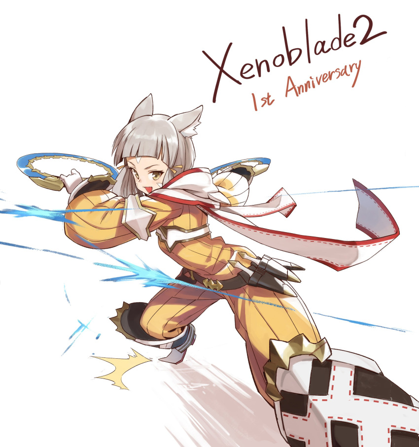 1girl animal_ears bangs blunt_bangs blush bodysuit cat_ears gloves highres looking_at_viewer nintendo niyah open_mouth short_hair silver_hair simple_background smile solo tugo white_gloves xenoblade_(series) xenoblade_2 yellow_eyes