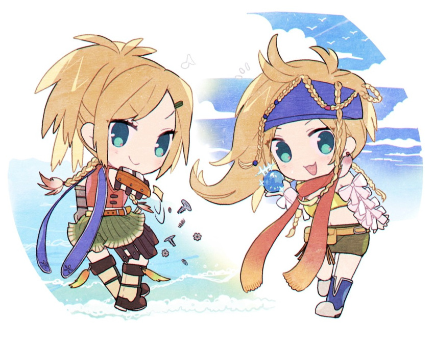 2girls :3 :d beads bikini_top blonde_hair blue_eyes boots bow braid chibi clouds dual_persona eyebrows_visible_through_hair final_fantasy final_fantasy_x final_fantasy_x-2 full_body gears green_shorts hair_beads hair_ornament hairclip kawasumi_(pixiv326156) long_hair looking_at_viewer motion_lines multiple_girls musical_note open_mouth pouch red_scarf rikku scarf screw shorts smile spring_(object) v-shaped_eyebrows white_bow yellow_bikini_top