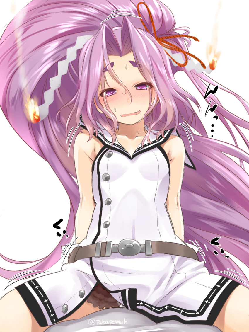 1girl belt commentary_request cowboy_shot dress fire hatsuharu_(kantai_collection) highres hikimayu kantai_collection long_hair looking_at_viewer ponytail purple_hair remodel_(kantai_collection) sailor_dress simple_background sleeveless solo straddling takase_muu underskirt violet_eyes white_background