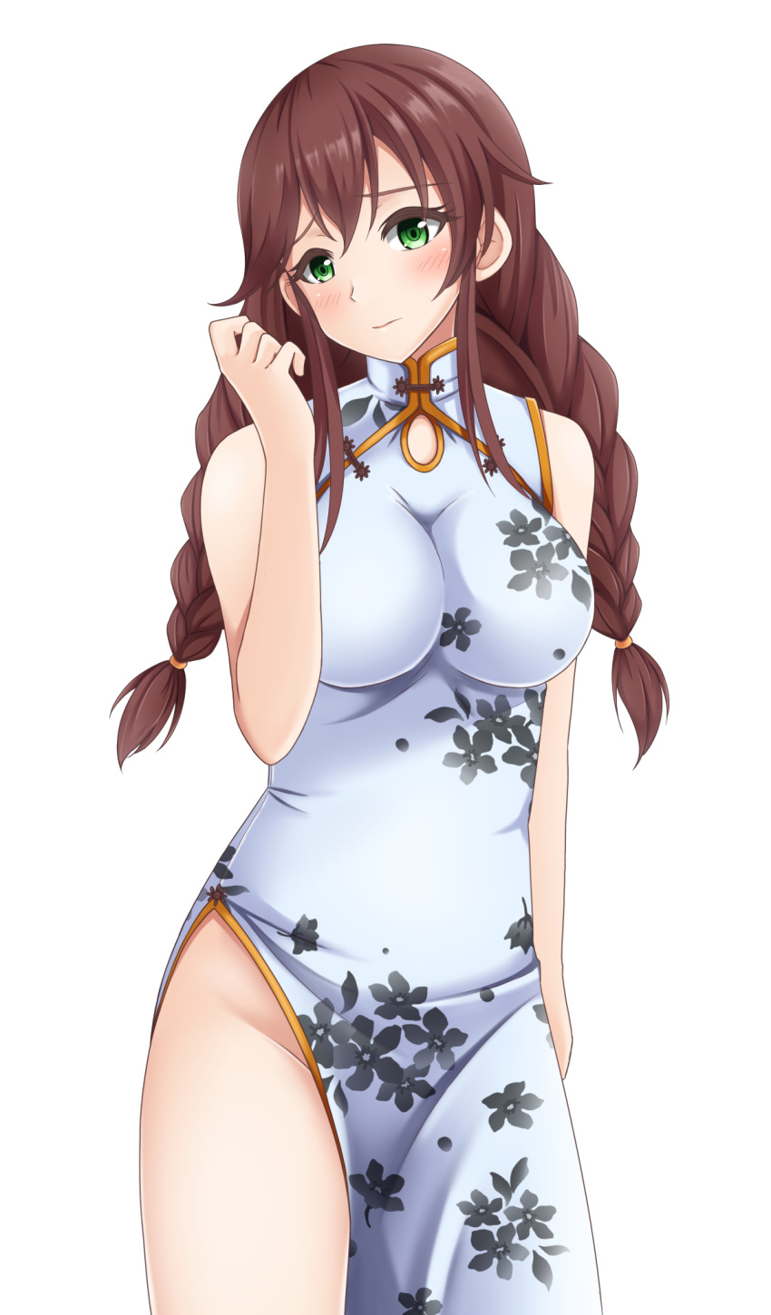 1girl alternate_costume bare_arms blush braid breasts brown_hair china_dress chinese_clothes dress gold_trim green_eyes highres kantai_collection large_breasts long_hair noshiro_(kantai_collection) ringed_eyes simple_background smile solo thighs twin_braids white_background white_dress yamato_(083)