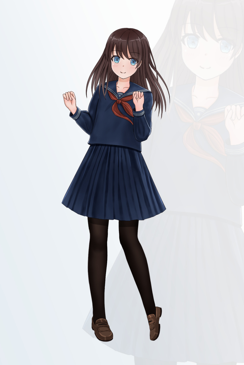 1girl bangs biako blue_eyes blue_sailor_collar blue_serafuku blue_shirt blue_skirt blush brown_footwear brown_hair brown_legwear closed_mouth collarbone commentary_request eyebrows_visible_through_hair full_body grey_background hair_between_eyes highres leaning_to_the_side loafers long_hair neckerchief original pantyhose pleated_skirt red_neckwear revision sailor_collar school_uniform serafuku shirt shoes skirt smile solo standing standing_on_one_leg zoom_layer