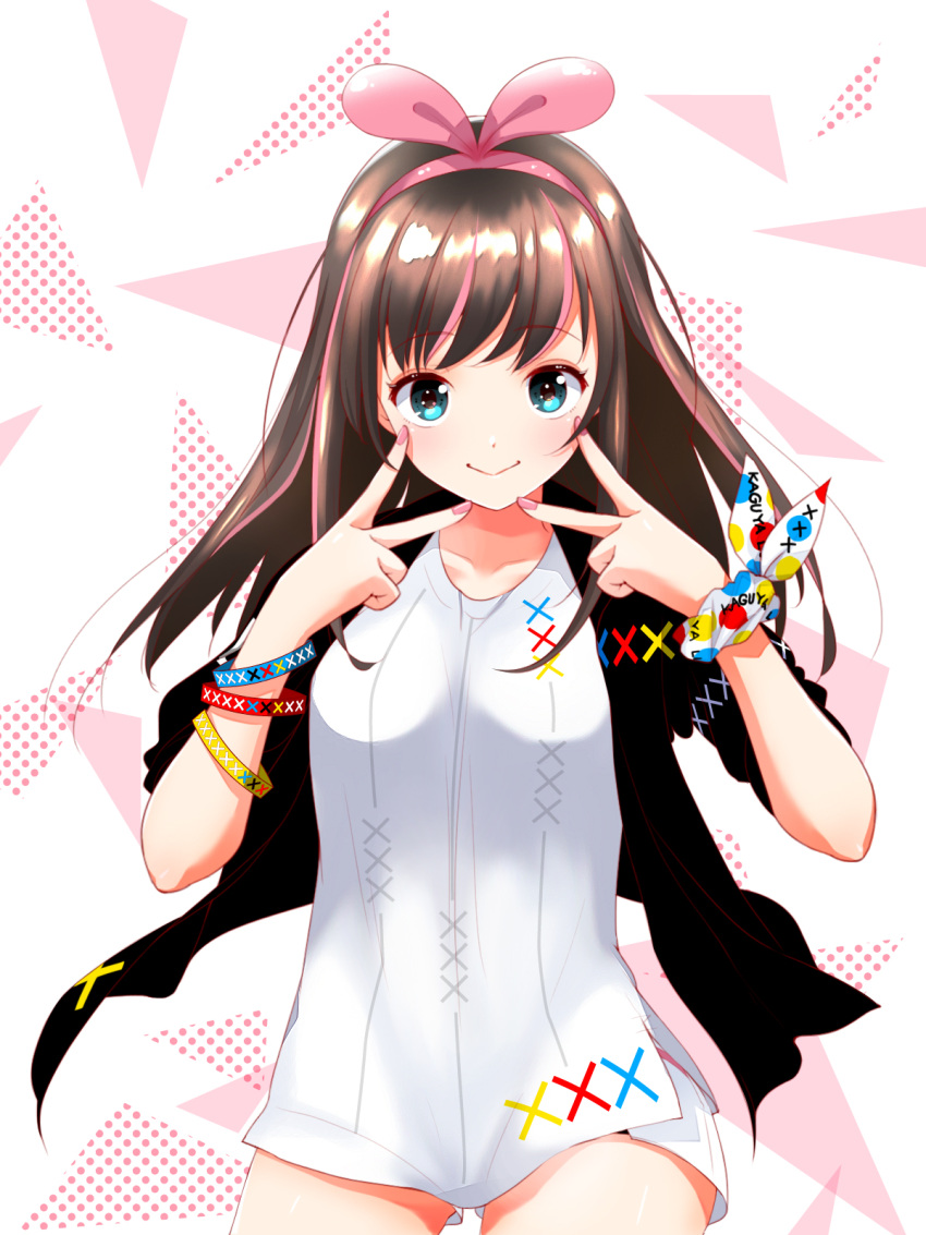 1girl a.i._channel black_jacket bracelet brown_hair cowboy_shot double_v eyebrows_visible_through_hair floating_hair green_eyes hairband hanasaki highlights highres jacket jewelry kizuna_ai long_hair looking_at_viewer multicolored_hair nail_polish open_clothes open_jacket pink_hairband pink_nails shiny shiny_hair shirt short_shorts shorts smile solo standing v virtual_youtuber white_shirt white_shorts wrist_cuffs