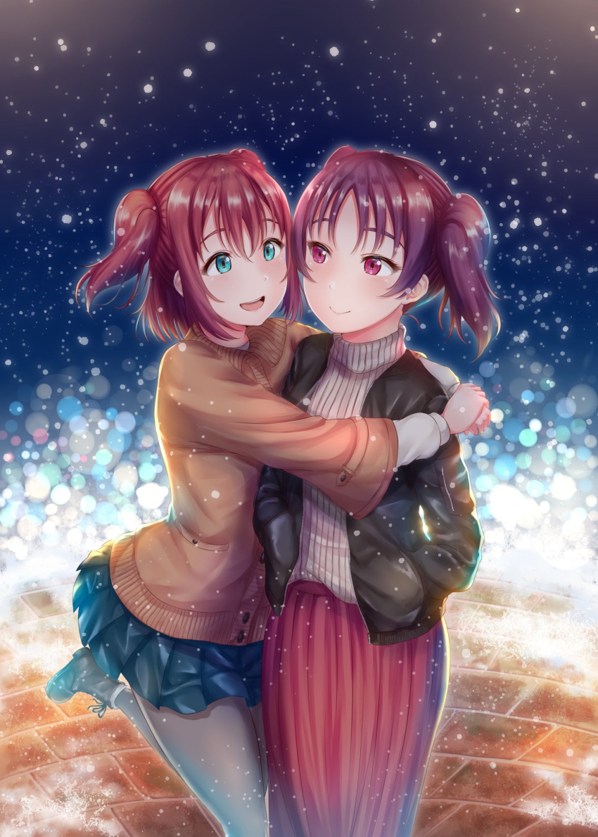 2girls bangs blue_skirt green_eyes hair_between_eyes hands_in_pockets highres hug jacket kazuno_leah kurosawa_ruby long_skirt long_sleeves love_live! love_live!_sunshine!! multiple_girls night open_mouth parted_hair purple_hair rama_(yu-light8) redhead short_twintails skirt smile snow standing standing_on_one_leg sweater turtleneck turtleneck_sweater twintails two_side_up violet_eyes