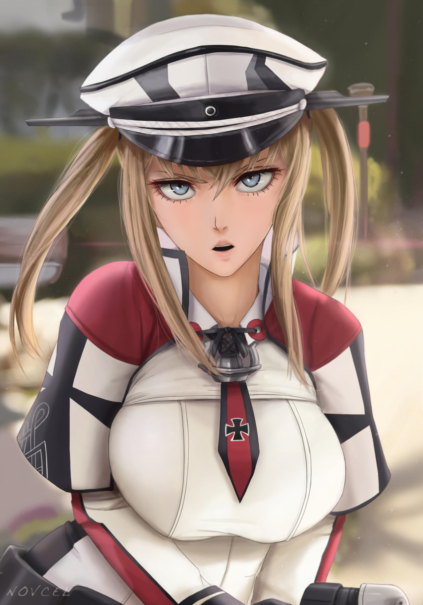 1girl absurdres artist_name blonde_hair blue_eyes breasts commentary english_commentary graf_zeppelin_(kantai_collection) hat highres kantai_collection large_breasts military military_hat military_uniform necktie novcel open_mouth peaked_cap revision solo teeth twintails uniform