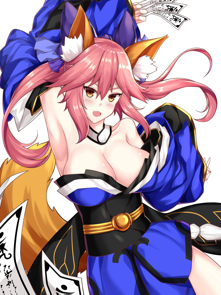 1girl animal_ear_fluff animal_ears bare_shoulders blue_kimono blue_ribbon breasts cleavage collarbone detached_sleeves eyebrows_visible_through_hair fang fate/grand_order fate_(series) fox_ears fox_girl fox_tail hair_ribbon highres japanese_clothes kimono large_breasts open_mouth pink_hair ribbon simple_background solo tail tamamo_(fate)_(all) tamamo_no_mae_(fate) white_background yan_lie yellow_eyes