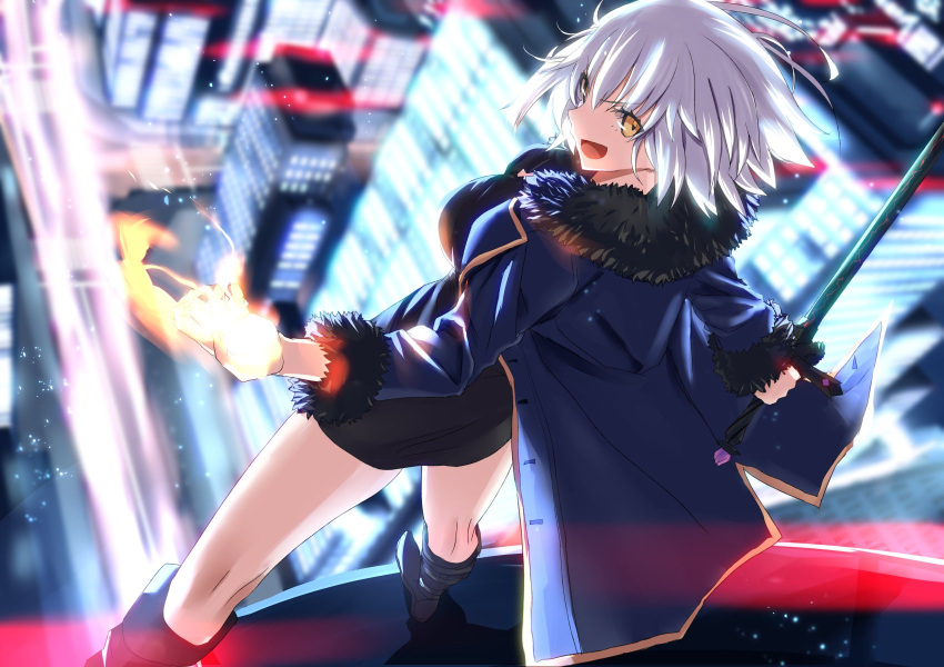 1girl bangs building fate/grand_order fate_(series) fur_collar fur_trim highres jeanne_d'arc_(alter)_(fate) jeanne_d'arc_(fate)_(all) open_arms open_mouth short_hair silver_hair sword tsurime tsuuhan weapon wicked_dragon_witch_ver._shinjuku_1999 yellow_eyes