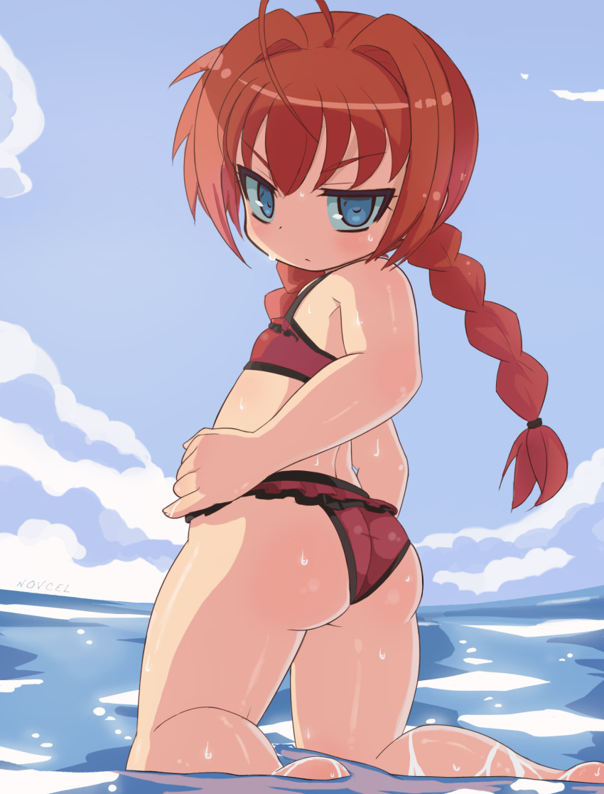 1girl ahoge ass back bare_arms bare_legs bare_shoulders barefoot blue_sky braid chibi closed_mouth clouds cloudy_sky commentary copyright_request day dripping english_commentary flat_chest frilled_swimsuit frills from_behind hair_intakes half-closed_eyes highres long_hair looking_at_viewer looking_back lowleg_swimsuit lyrical_nanoha novcel outdoors red_swimsuit redhead sky solo swimsuit tankini tsurime twin_braids twisted_torso v-shaped_eyebrows vita wet wide_hips