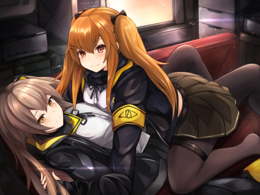 2girls bangs black_legwear black_skirt blush breasts brown_eyes brown_hair couch eyebrows_visible_through_hair fingerless_gloves girls_frontline gloves hair_between_eyes hair_ornament hairclip highres hood hood_down hooded_jacket indoors jacket long_hair looking_at_viewer lying lying_on_another medium_breasts monitor multiple_girls neck_ribbon one_side_up orange_hair pantyhose pleated_skirt ribbon ryara_vivi scar scar_across_eye scarf shirt sidelocks skirt small_breasts smile straddling thigh_strap twintails ump45_(girls_frontline) ump9_(girls_frontline) white_shirt yellow_eyes