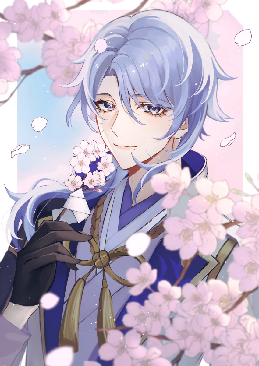 1boy absurdres bangs black_gloves blue_eyes blue_hair branch cherry_blossoms cherry_tree closed_mouth eyebrows_visible_through_hair eyelashes falling_petals genshin_impact genshin_kakino gloves hair_between_eyes highres holding japanese_clothes kamisato_ayato lips long_sleeves looking_at_viewer male_focus medium_hair mole mole_under_mouth petals short_ponytail smile solo twig upper_body
