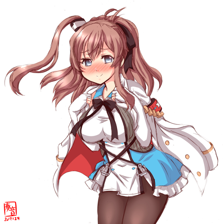 1girl artist_logo azur_lane black_ribbon blush breasts brown_hair commentary_request cosplay dated grey_eyes hair_ribbon highres jacket_on_shoulders kanon_(kurogane_knights) kantai_collection large_breasts long_hair looking_at_viewer military military_uniform namesake naval_uniform pantyhose revision ribbon saratoga_(azur_lane) saratoga_(azur_lane)_(cosplay) saratoga_(kantai_collection) side_ponytail sidelocks simple_background smile solo uniform white_background