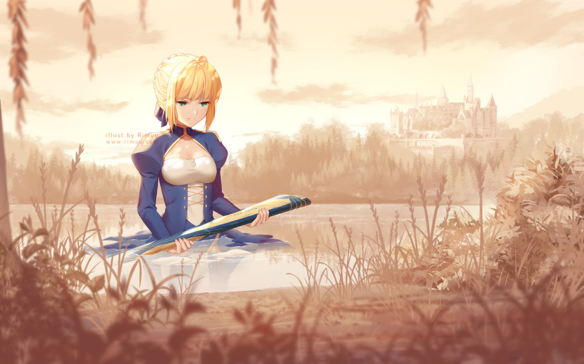 1girl ahoge artist_name artoria_pendragon_(all) avalon_(fate/stay_night) backlighting bangs blonde_hair blue_bow blue_dress blurry blurry_foreground bow braid breasts castle closed_mouth clouds commentary_request cross-laced_clothes day depth_of_field dress eyebrows_visible_through_hair fate/stay_night fate/zero fate_(series) grass green_eyes hair_bow holding juliet_sleeves lake long_sleeves looking_away looking_down outdoors partially_submerged plant pond puffy_sleeves rimuu saber scabbard sheath short_hair sidelocks sky small_breasts smile solo water watermark web_address